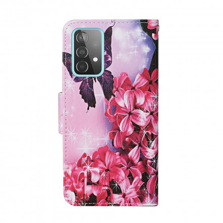 Funda Samsung Galaxy A52 5G Mariposas Florales Lanyard