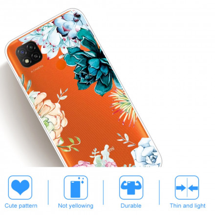 Xiaomi Redmi 9C Funda transparente de flor de acuarela