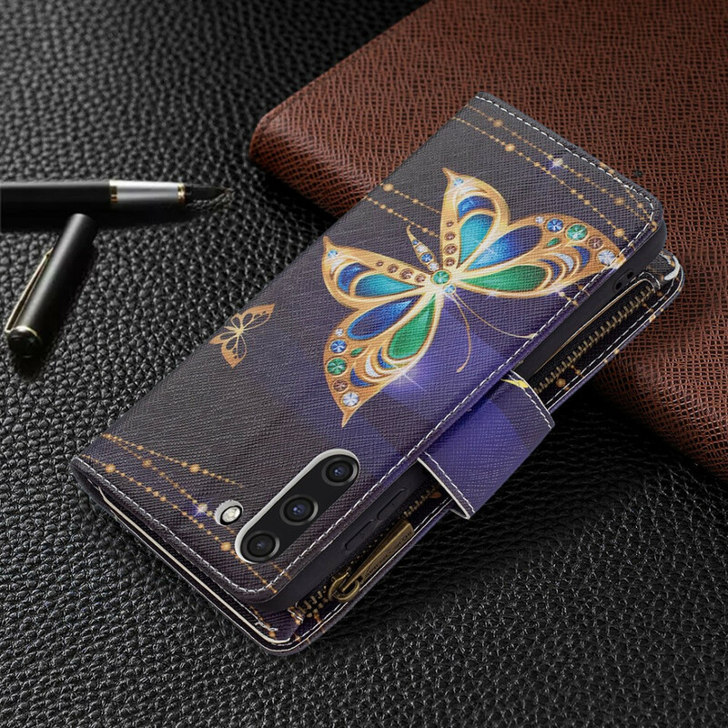 Funda Samsung Galaxy S21 FE con bolsillo de mariposa con cremallera