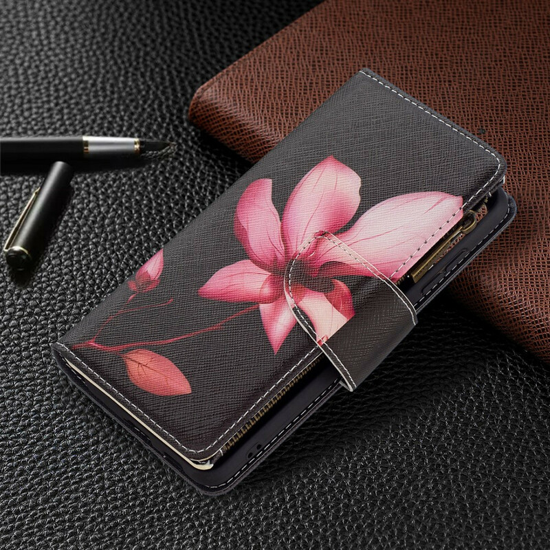 Funda Samsung Galaxy S21 FE con bolsillo de cremallera en forma de flor