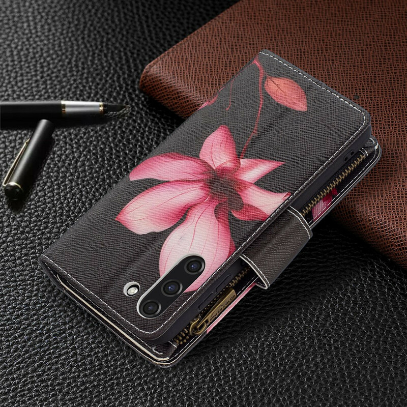 Funda Samsung Galaxy S21 FE con bolsillo de cremallera en forma de flor