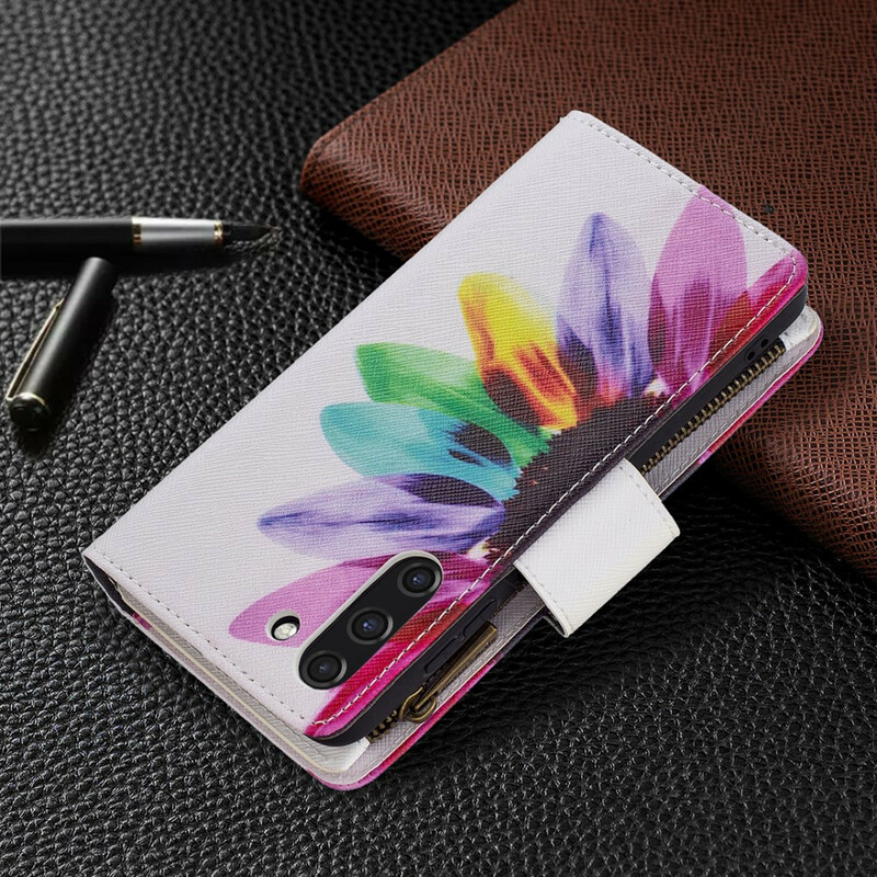 Funda Samsung Galaxy S21 FE con bolsillo de cremallera en forma de flor