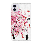 Funda para iPhone 13 Mini Árbol rosa y gato negro