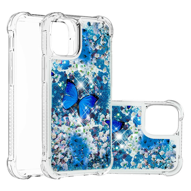 Funda iPhone 13 Pro Azul Mariposas Purpurina