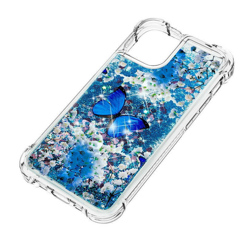 Funda iPhone 13 Pro Azul Mariposas Purpurina