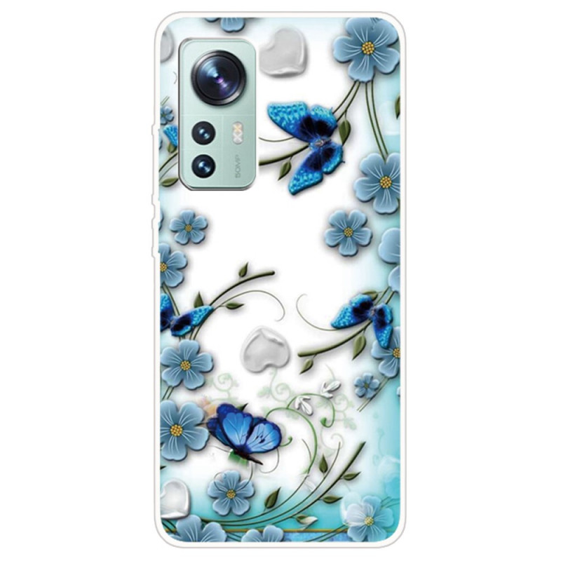 Xiaomi 12 / 12X / 12S Funda Flores y Mariposas Azul