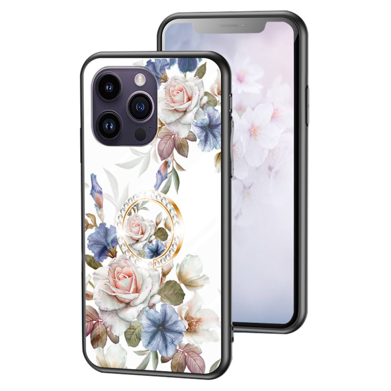 Funda Floral de Cristal Templado para iPhone 15 Pro Max con Anillo de Soporte