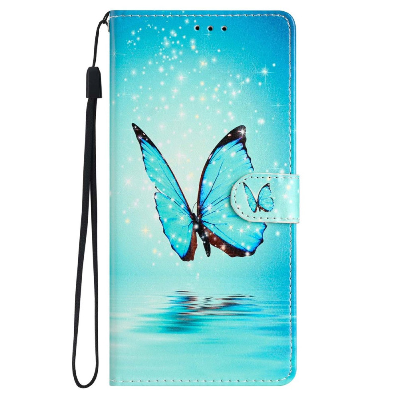 Funda de vuelo con mariposa azul y cordón para iPhone 15