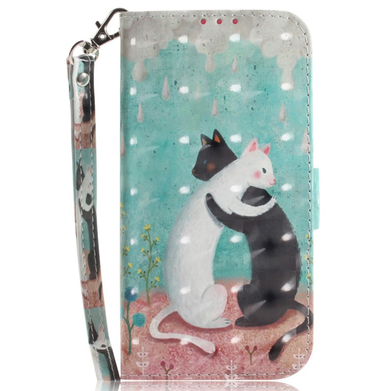 Funda iPhone 15 Plus Gato Negro Gato Blanco con Colgante
