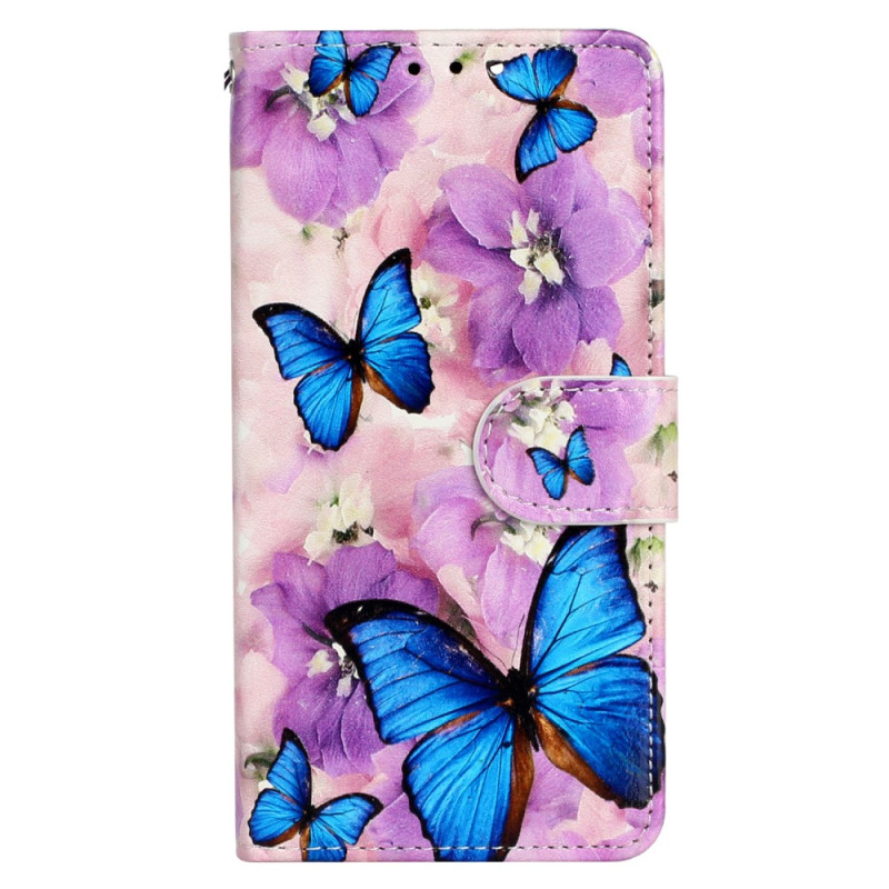 Funda para iPhone 15 Pequeñas mariposas azules con colgante
