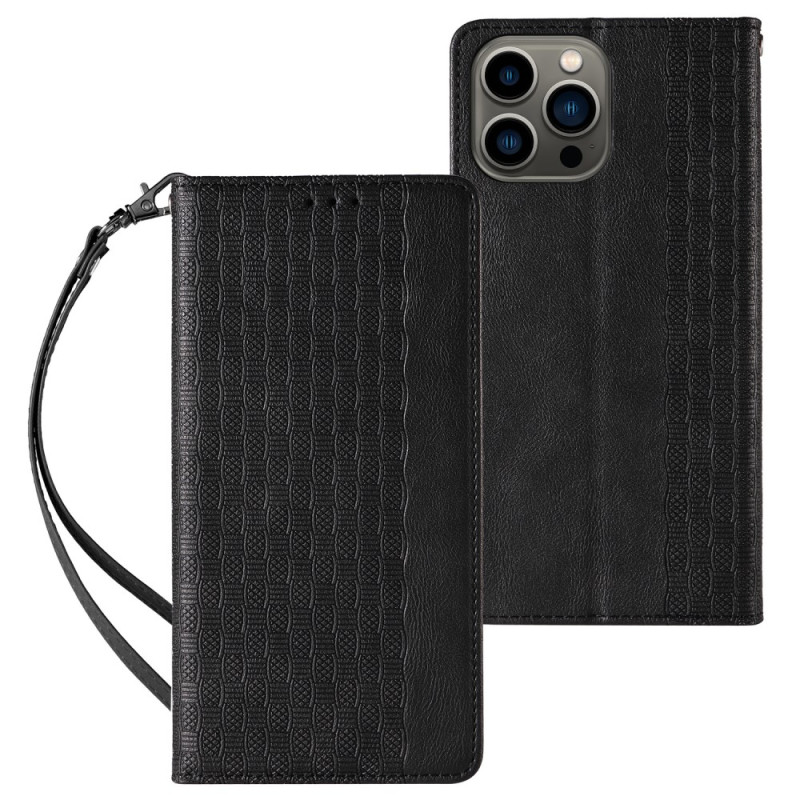 Funda Elegante Flip Vintage para iPhone 15 con cordón de seguridad
