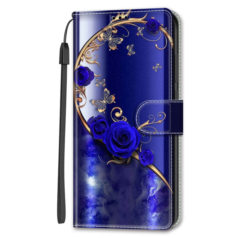 Funda Samsung Galaxy S24 5G Rosas azules y mariposas doradas con colgante
