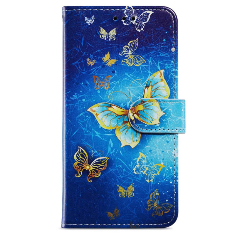 Funda Moto G54 5G Mariposas doradas sobre fondo azul de colgante

