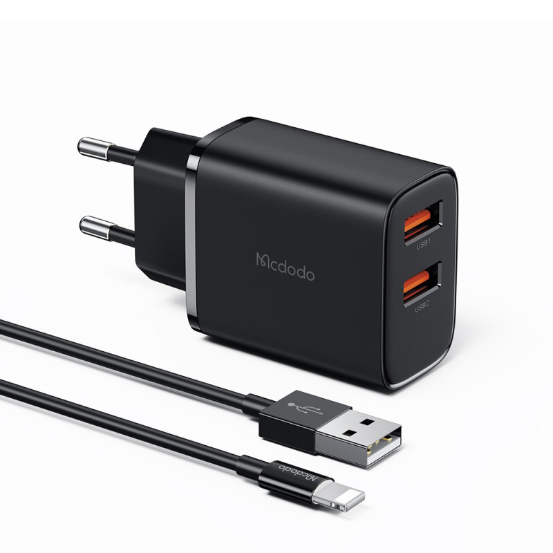 Kit de cargador de pared con 2 USB-A 2.4A, cable USB a iP y adaptador de viaje MCDODO