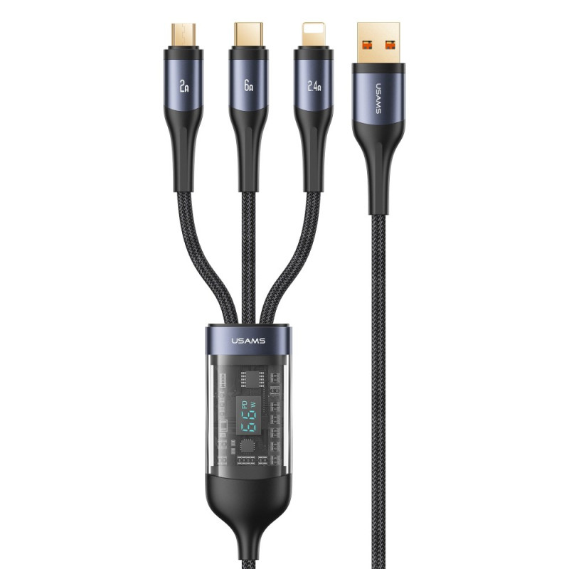 Cable de carga rápida USB a Lightning / Micro / Tipo-C USAMS 3 en 1 con pantalla digital