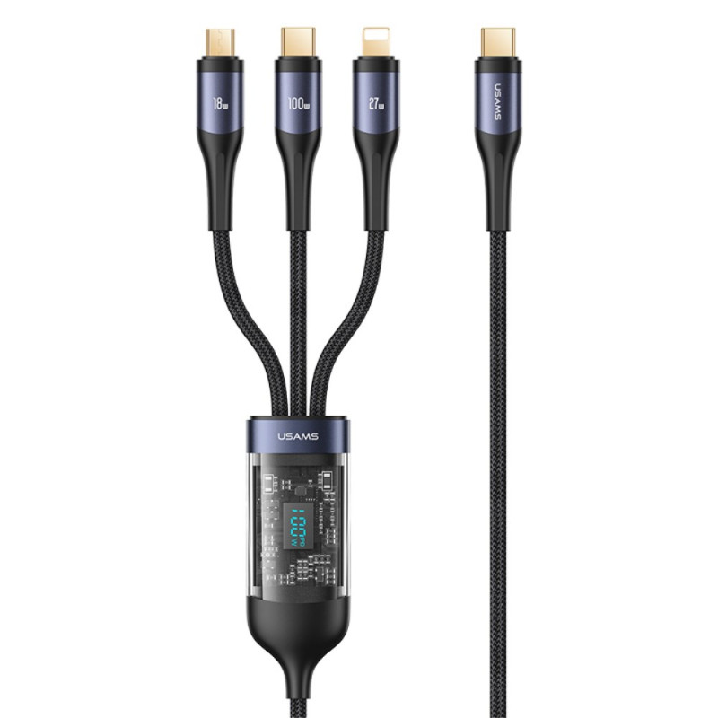Cable de datos de carga rápida USB-C a Lightning / Type-C / Micro 3 en 1 de 1,2 m de USAMS.