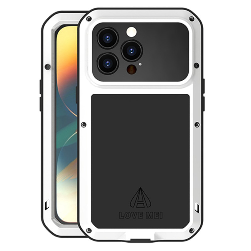 Funda de silicona y metal LOVE MEI iPhone 14 Pro con protector de pantalla de cristal templado