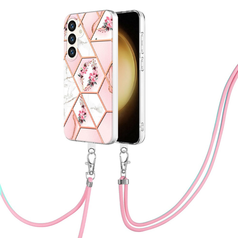 Funda Samsung Galaxy S24 Plus 5G de cordón de flores de mármol rosa
