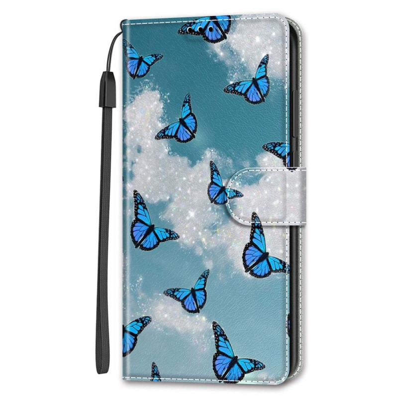 Funda Samsung Galaxy S24 Ultra 5G Nubes blancas y mariposas azules con colgante
