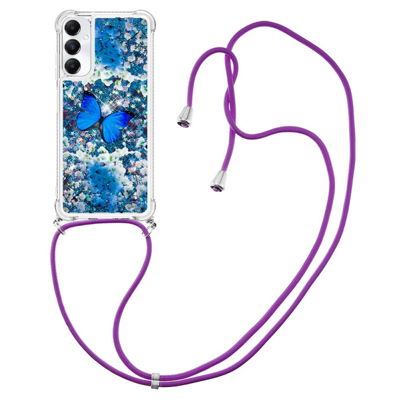 Funda Samsung Galaxy A05s de cordón con purpurina Mariposa azul
