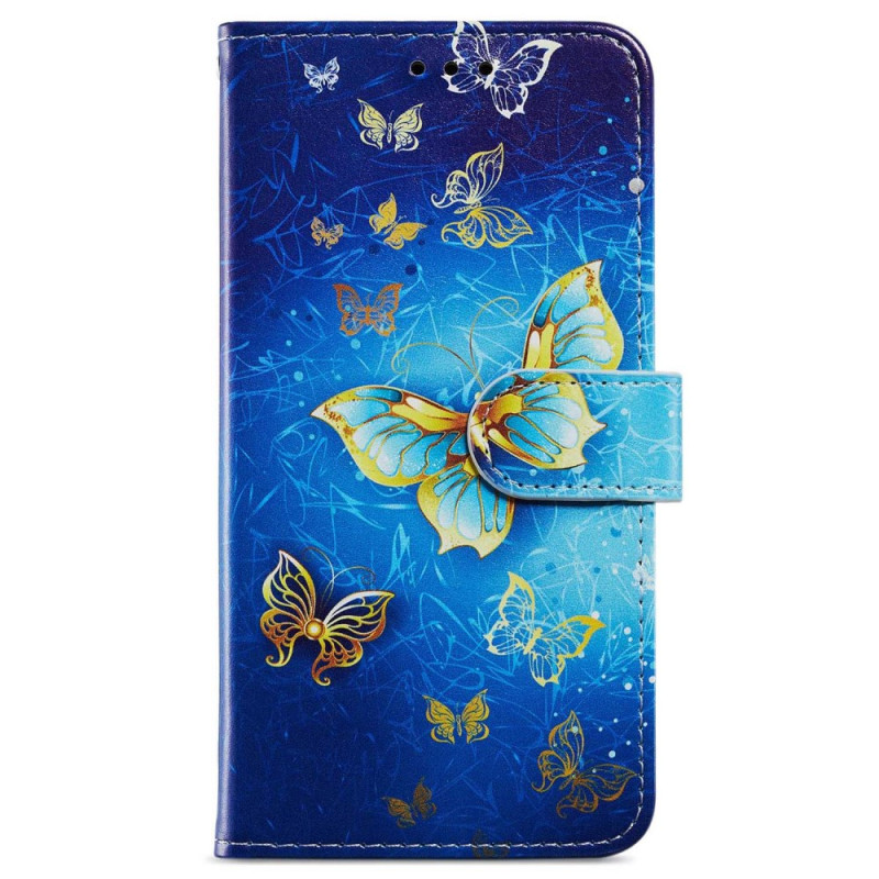 Funda Oppo A79 5G Mariposas doradas sobre fondo azul con colgante
