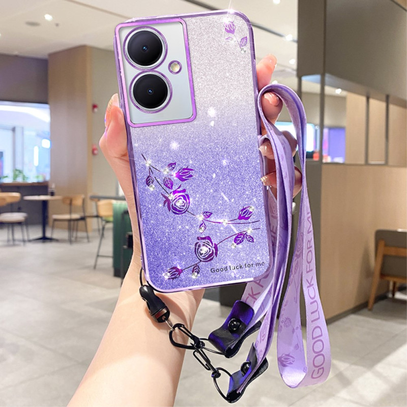 Oppo A79 5G Lanyard Funda Flores y Strass