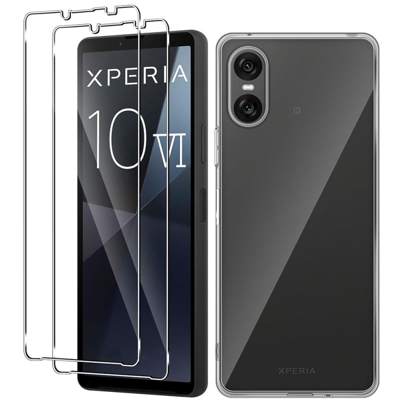 Sony Xperia 10 VI Funda Transparente con 2 Láminas de Cristal Templado