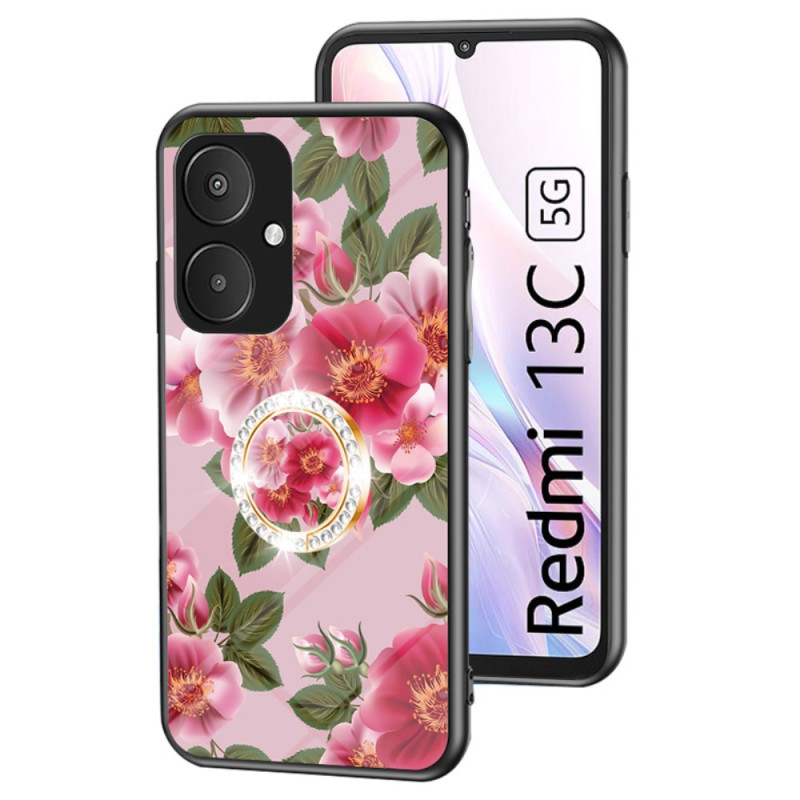 Xiaomi Redmi 13C 5G Funda de Cristal Templado Anillo de Soporte Floral