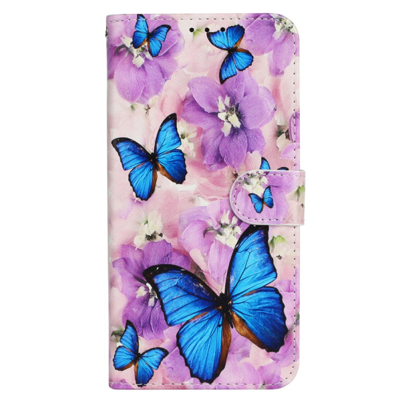 Funda con colgante
 para iPhone 16 Mariposas azules y flores moradas