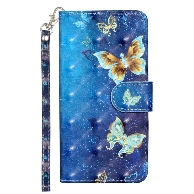 Funda para iPhone 16 Mariposas azules y doradas con cordón de seguridad