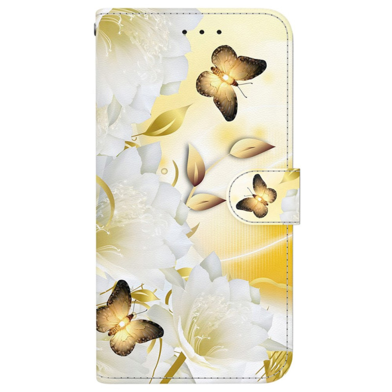 Funda para iPhone 16 Mariposas doradas y flores blancas con colgante
