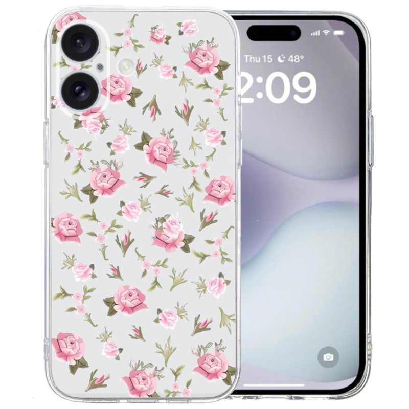 Funda iPhone 16 Borde Transparente Flores Rosa