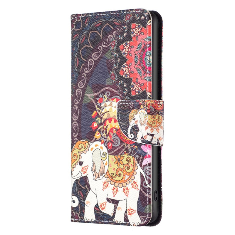 Funda de cartera con estampado para iPhone 16 Plus - Flor y elefante