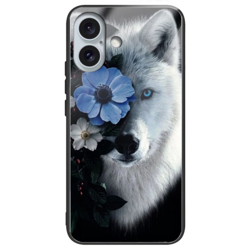 Funda Dura iPhone 16 Plus Cristal Templado Lobo y Flor Azul