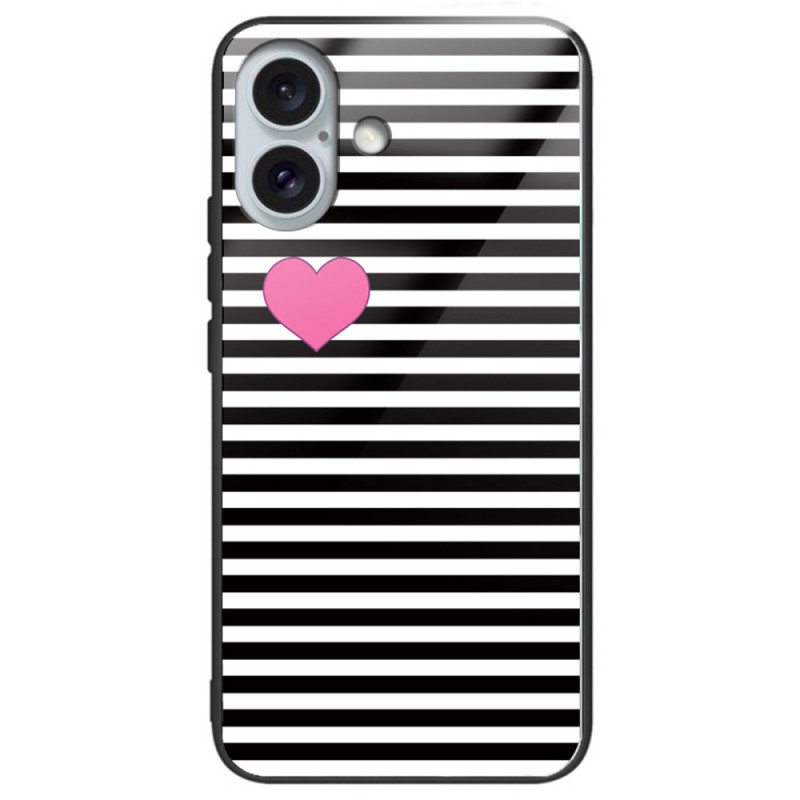 Funda iPhone 16 Plus Cristal Templado Rayas y Corazones