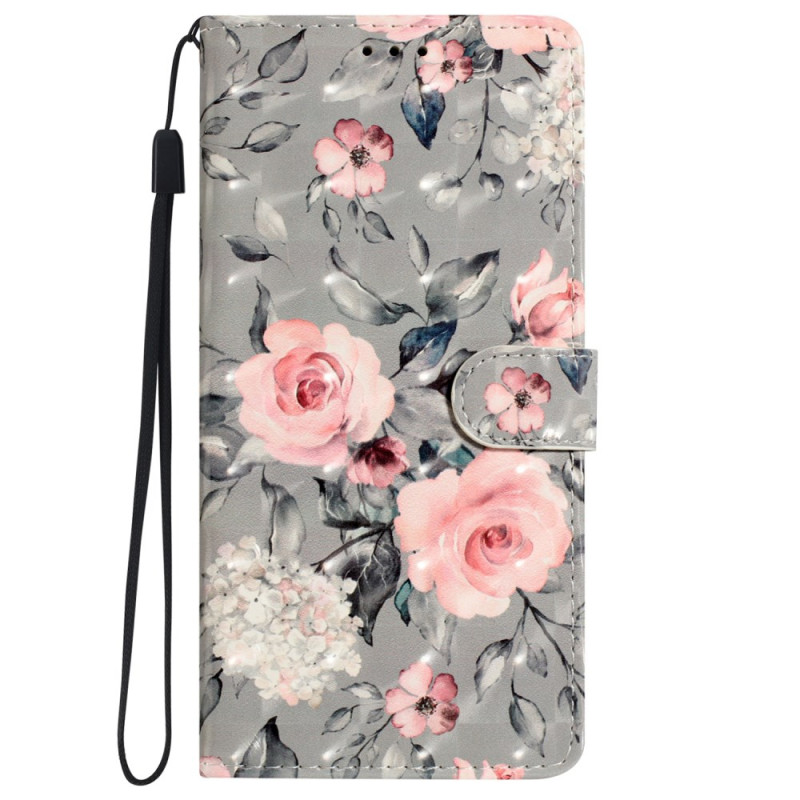 Funda iPhone 16 Pro Flores rosas sobre fondo gris con colgante
