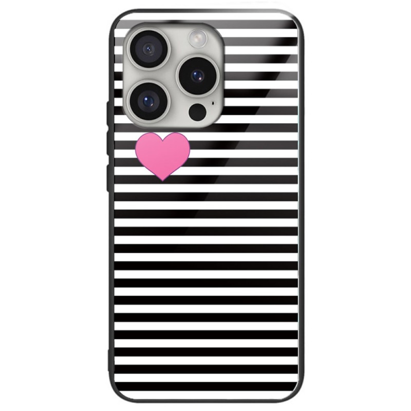 Funda iPhone 16 Pro Cristal Templado Rayas y Corazones