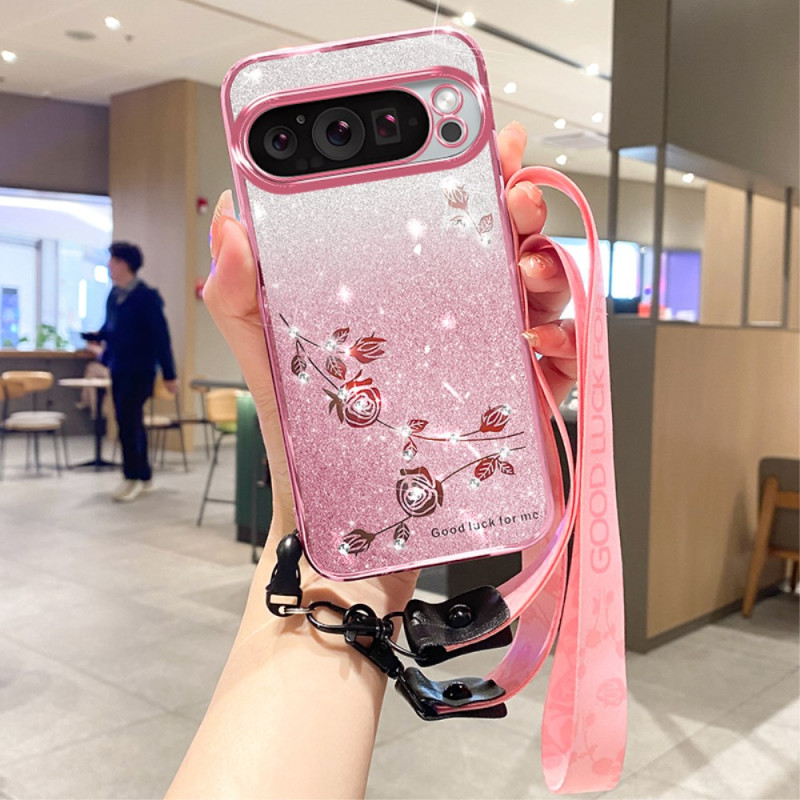 Funda de cordón de flores y strass para Google Pixel 9 Pro XL KADEM