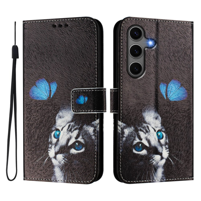 Samsung Galaxy S25 Plus 5G Funda Gato y Mariposa Azul