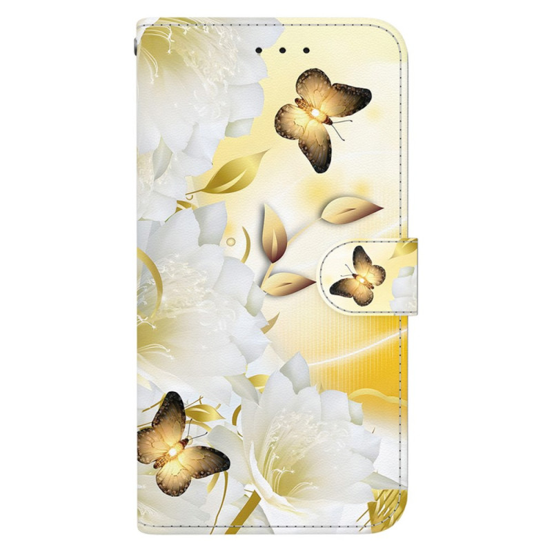 Funda Realme Note 60X / C63 / C61 Negro Rosa Mariposas Doradas y Flores Blancas