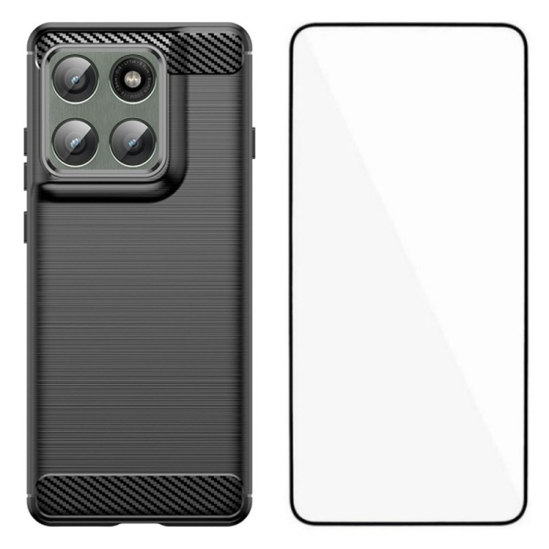 Motorola Edge 60 Pro Funda de fibra de carbono cepillada con protector de pantalla de cristal templado