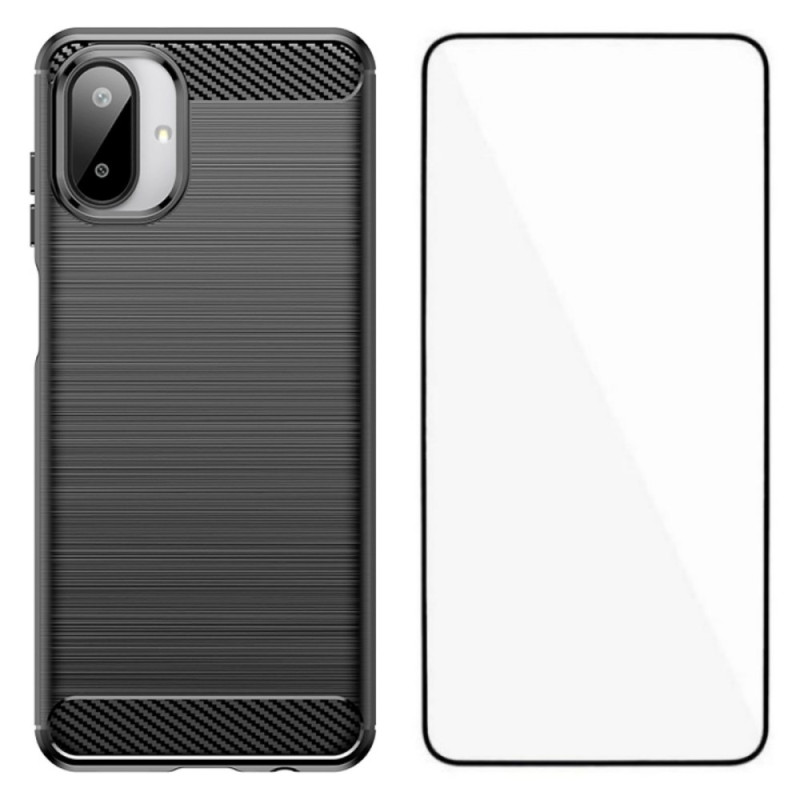 Samsung Galaxy A07 Funda de fibra de carbono cepillada con protector de pantalla