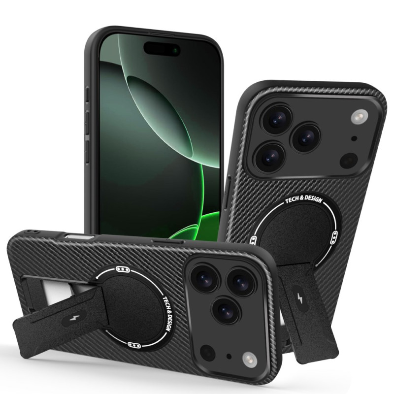Funda con textura de fibra de carbono para iPhone 17 Pro Max con base de apoyo