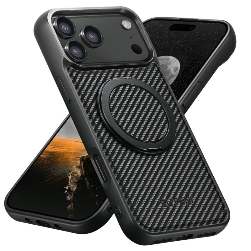 Funda iPhone 17 Pro con soporte giratorio y textura de fibra de carbono