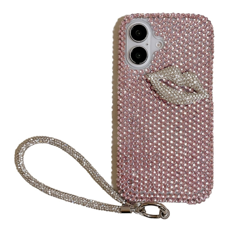 Coque iPhone 16 Sangle et Décoration Lèvres en Strass
