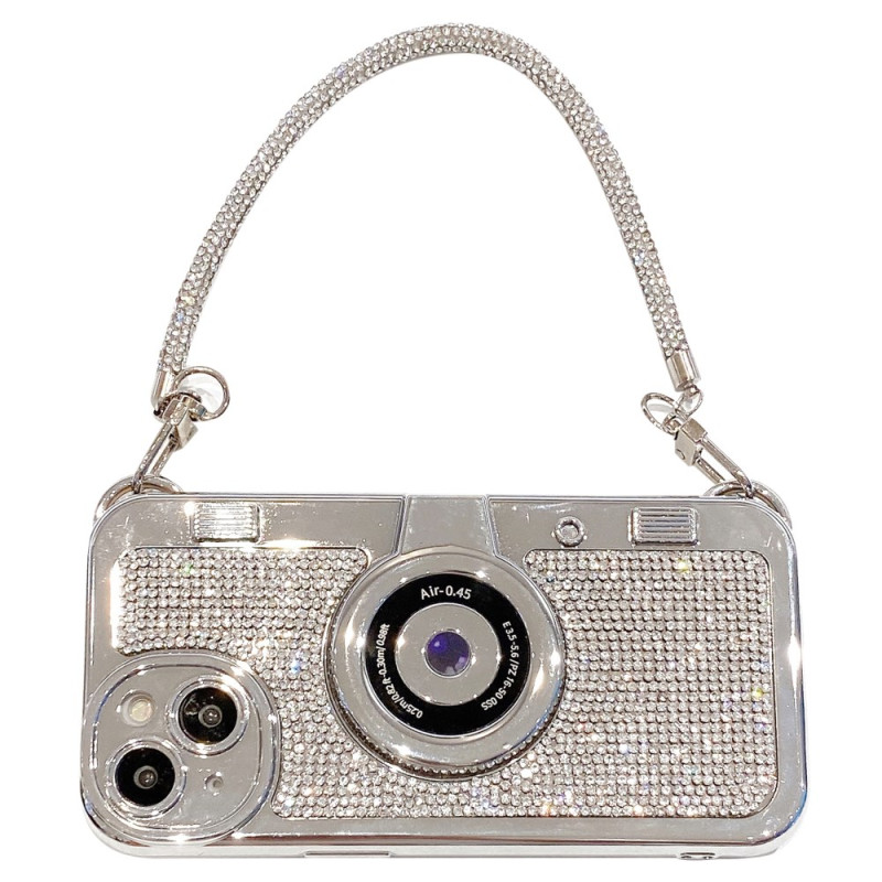 Funda de cámara para iPhone 15 con adorno de strass y cadena