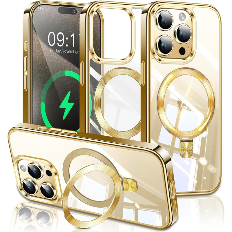 Funda magnética para iPhone 15 Pro Max con soporte y bordes de efecto metálico
