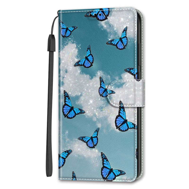Funda iPhone 14 Nubes blancas y mariposas azules