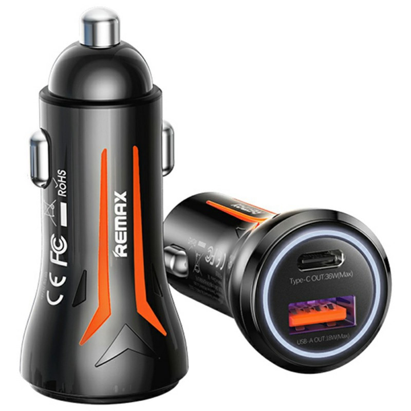 Cargador de coche de doble puerto USB/Tipo-C de 54 W con LED REMAX