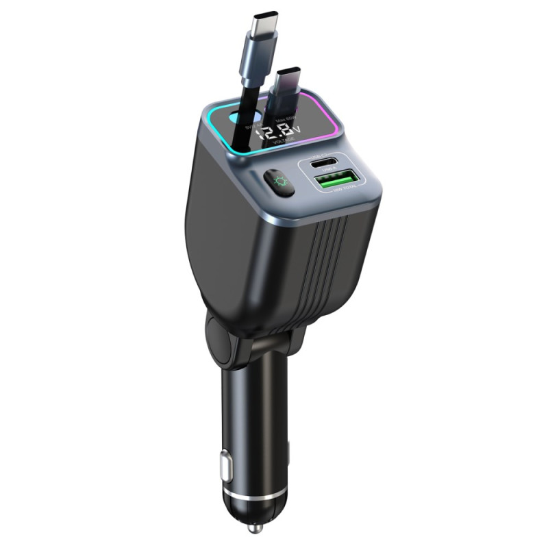 Cable cargador de coche retráctil digital USB-C doble
